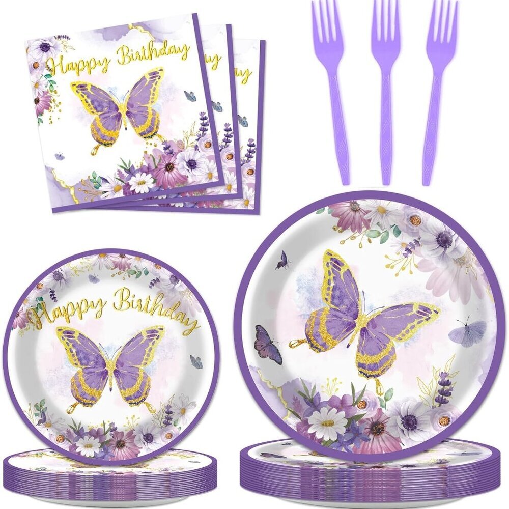 96 PCS Purple Butterfly Birthday Party Tableware Set - Butterfly Themed Party De